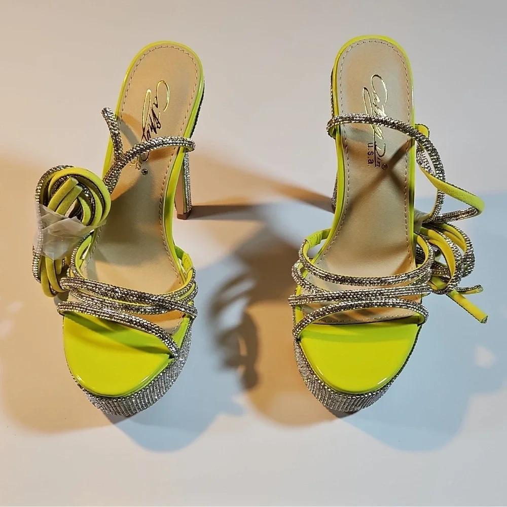 DDK Lime/Silver Synthetic Strappy Platform Stiletto Heel Ankle Strap 7
